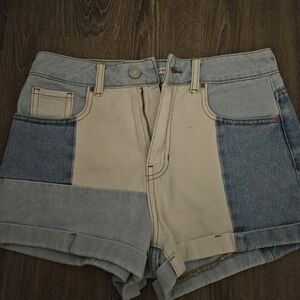 PacSun High Waist Blue and Cream Patchwork Shorts